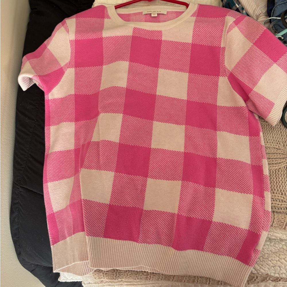 Skies Are Blue Pink and Cream Plaid Sweater